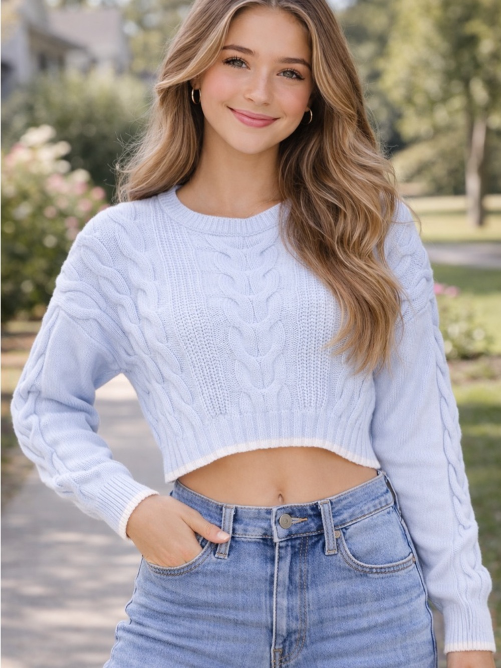 STR Baby Blue Cable Knit Cropped Sweater Drop Shoulder